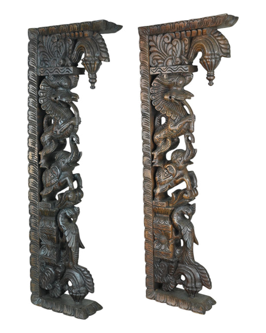 Upraised paired Yali & Elepants Wall Brackets 33"