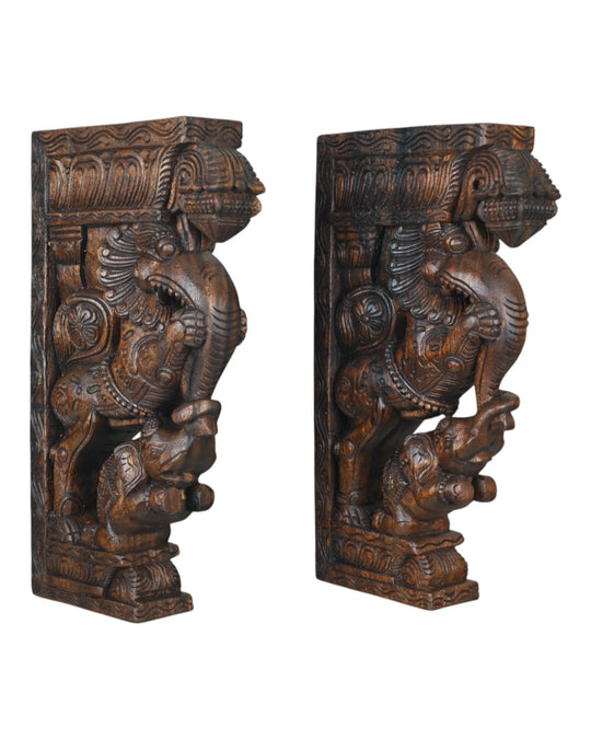 Wooden Brackets Riding Yali above With Elephant Sculpture 18"