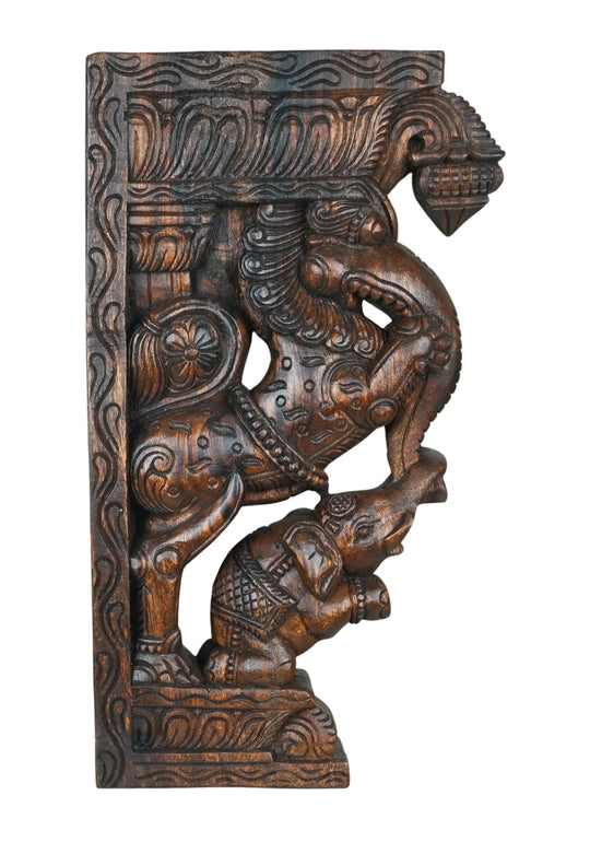 Wooden Brackets Riding Yali above With Elephant Sculpture 18"