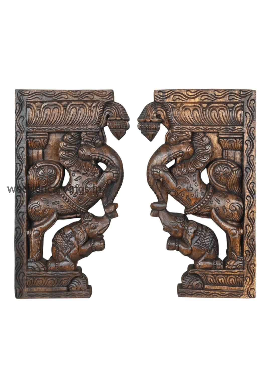 Wooden Brackets Riding Yali above With Elephant Sculpture 18"