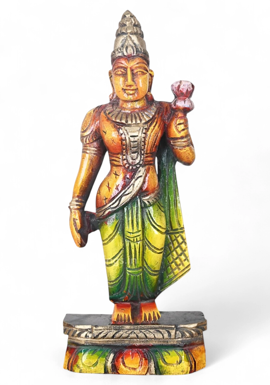 12" Goddess Lakshmi Standing on Beedam and Holding Lotus wood Sculpture