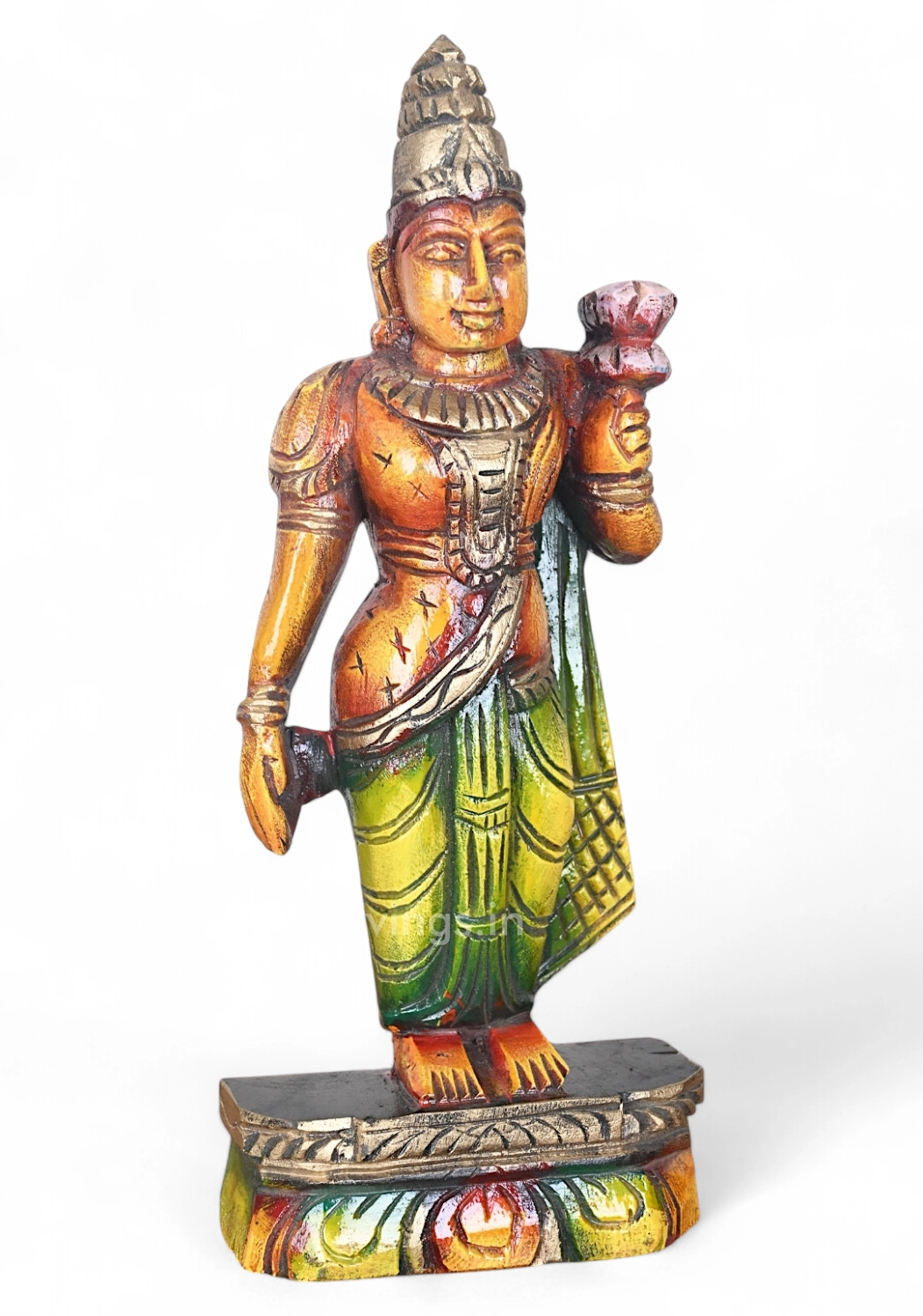 12" Goddess Lakshmi Standing on Beedam and Holding Lotus wood Sculpture