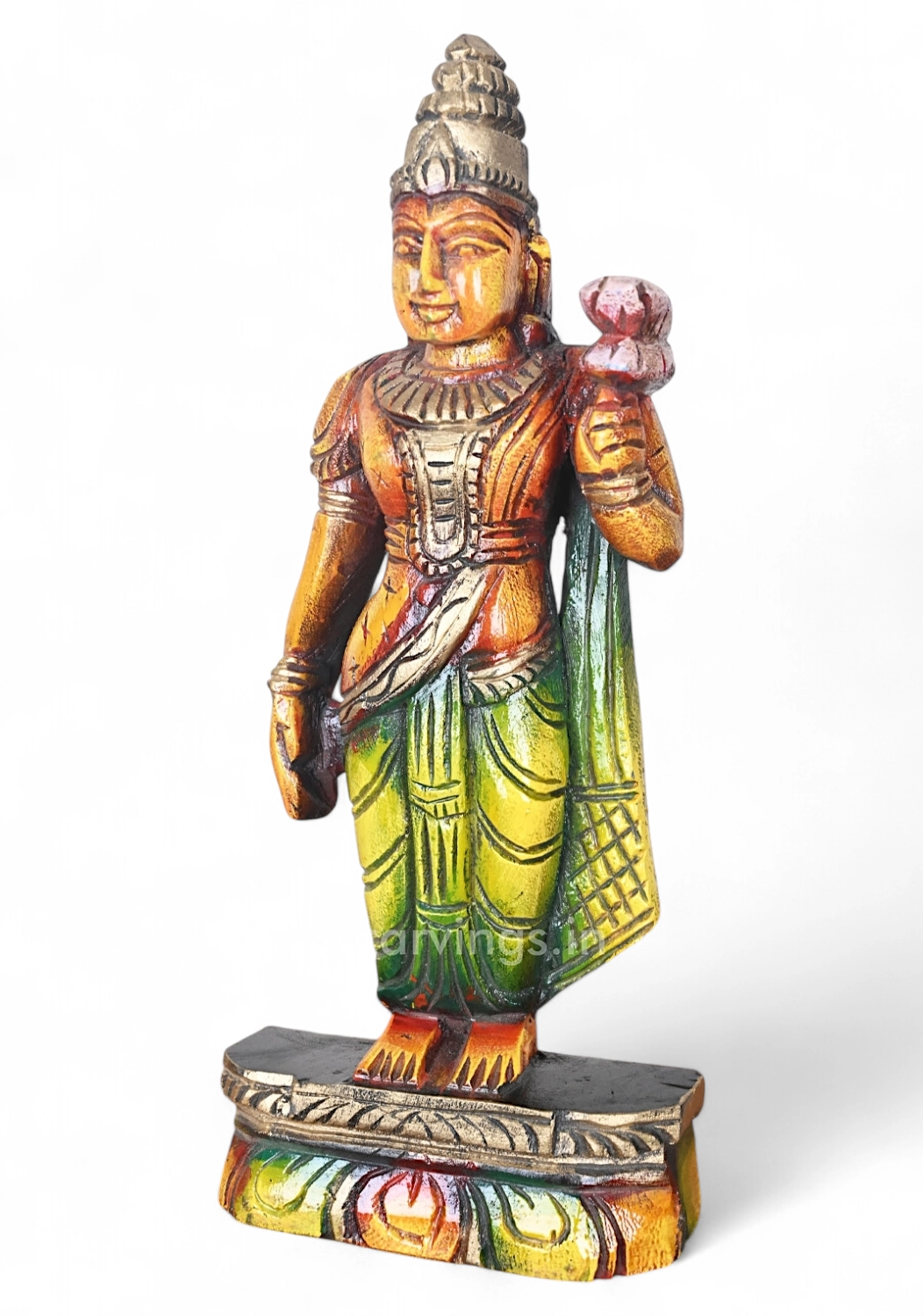 12" Goddess Lakshmi Standing on Beedam and Holding Lotus wood Sculpture