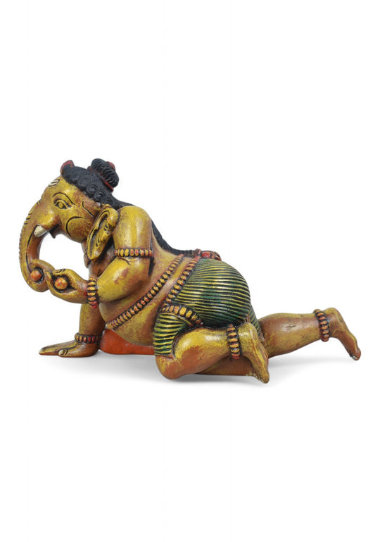 Baby Ganesh Crawling & Eating Mothak wooden statue 18"