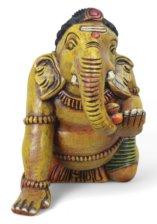 Baby Ganesh Crawling & Eating Mothak wooden statue 18"