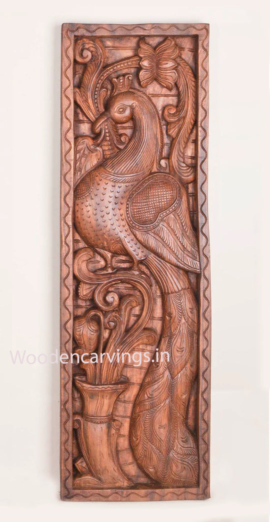 Vertical Beauty Standing Peacock on Tree Realistic Look Handmade Door Decor Wax Brown Finishing Wall Mount 36"