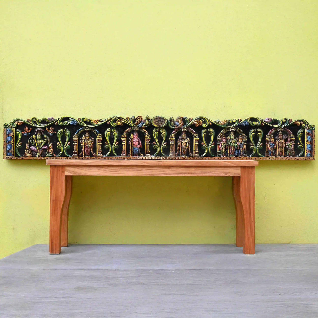 Lord Arupadai Murugar Horizontal Colourful Floral Design Standing and Sitting Sculptures With Prabhavali Design Work Wall Panel 84"