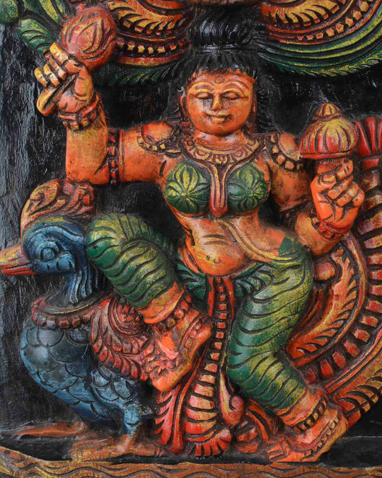 Goddess saraswathi sitting on peacock colourful panel 11"