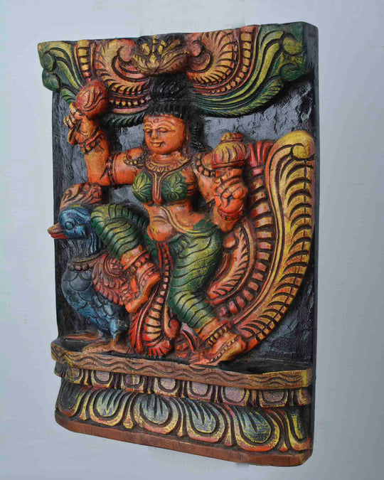 Goddess saraswathi sitting on peacock colourful panel 11"