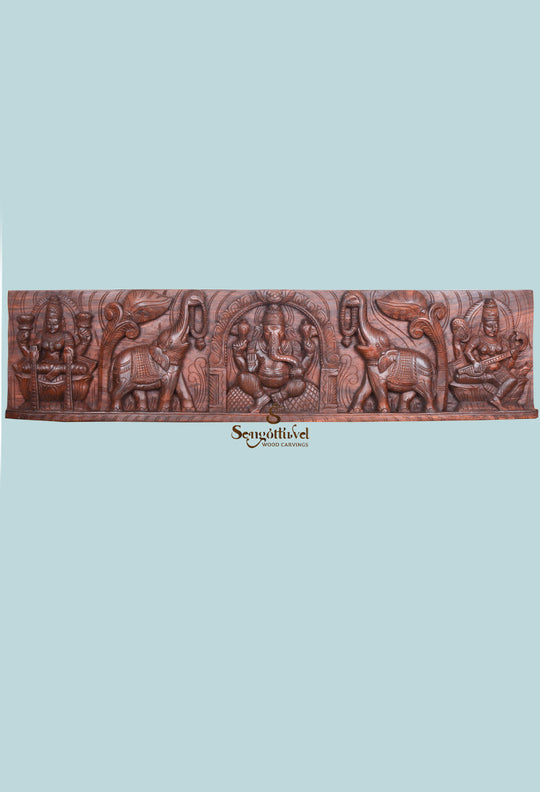 Wooden Gaja Ganesha&Two Beautiful Goddess panel 48.5"