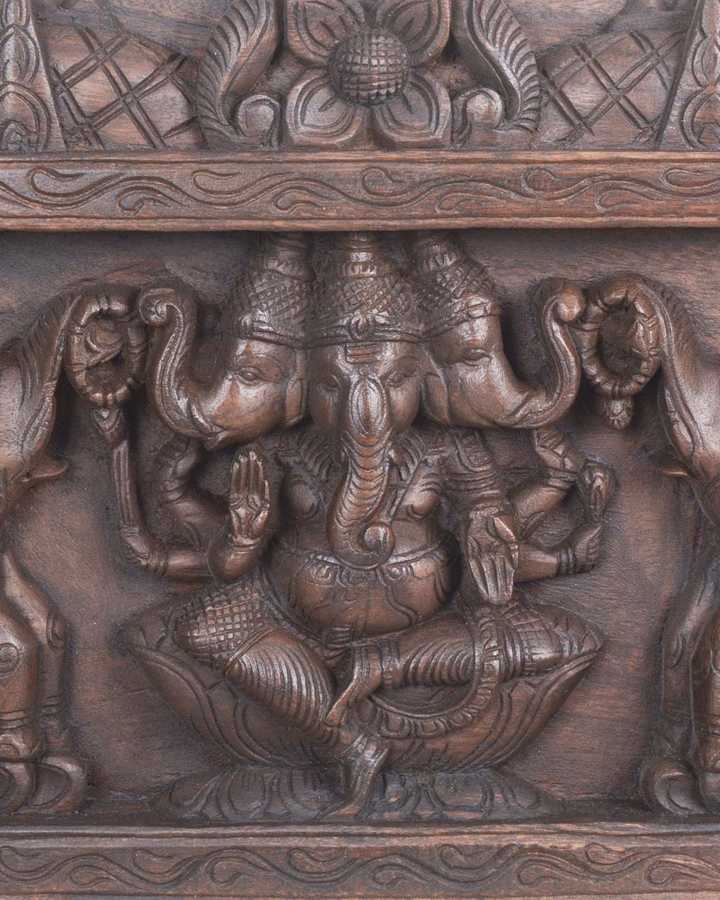 Trimukha Ganesha with Elephants Floral Design panel 24"