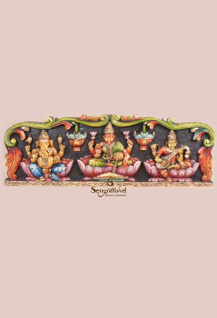 MahaLakshmi with Lord Ganesh&Saraswathi Horizontal panel 36"