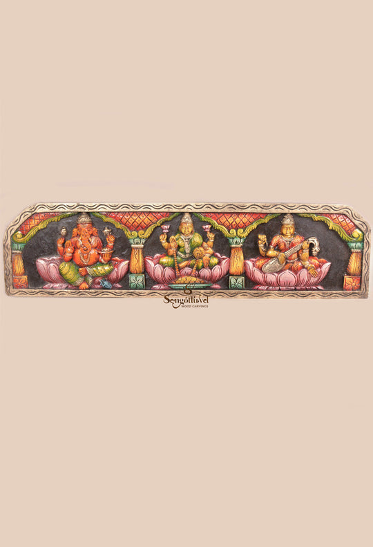 Temple Look MahaLakshmi, Ganesh, Saraswathi Horizontal Panel 36"